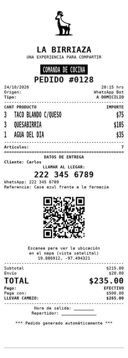 Comanda impresa del pedido 0128: 3 tacos blandos con queso, 3 quesabirrias y 1 agua del día, total 235 pesos, con teléfono para llamar al llegar y código QR de la ubicación.