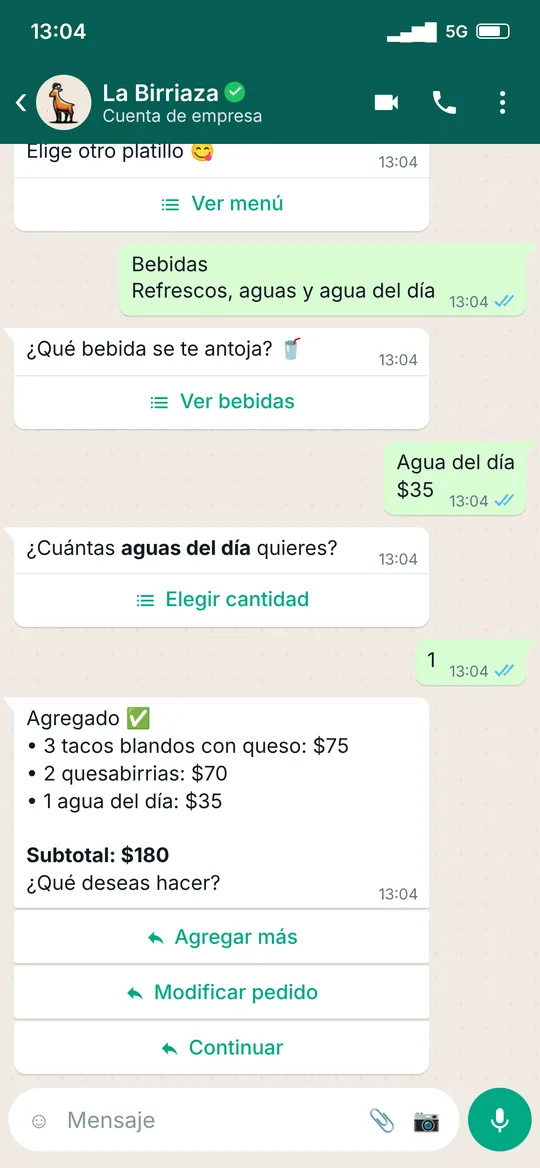 Resumen del pedido con subtotal de 180 pesos y botones Agregar más, Modificar pedido y Continuar.