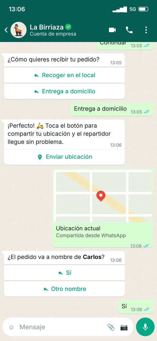 El cliente comparte su ubicación actual en el mapa desde WhatsApp.